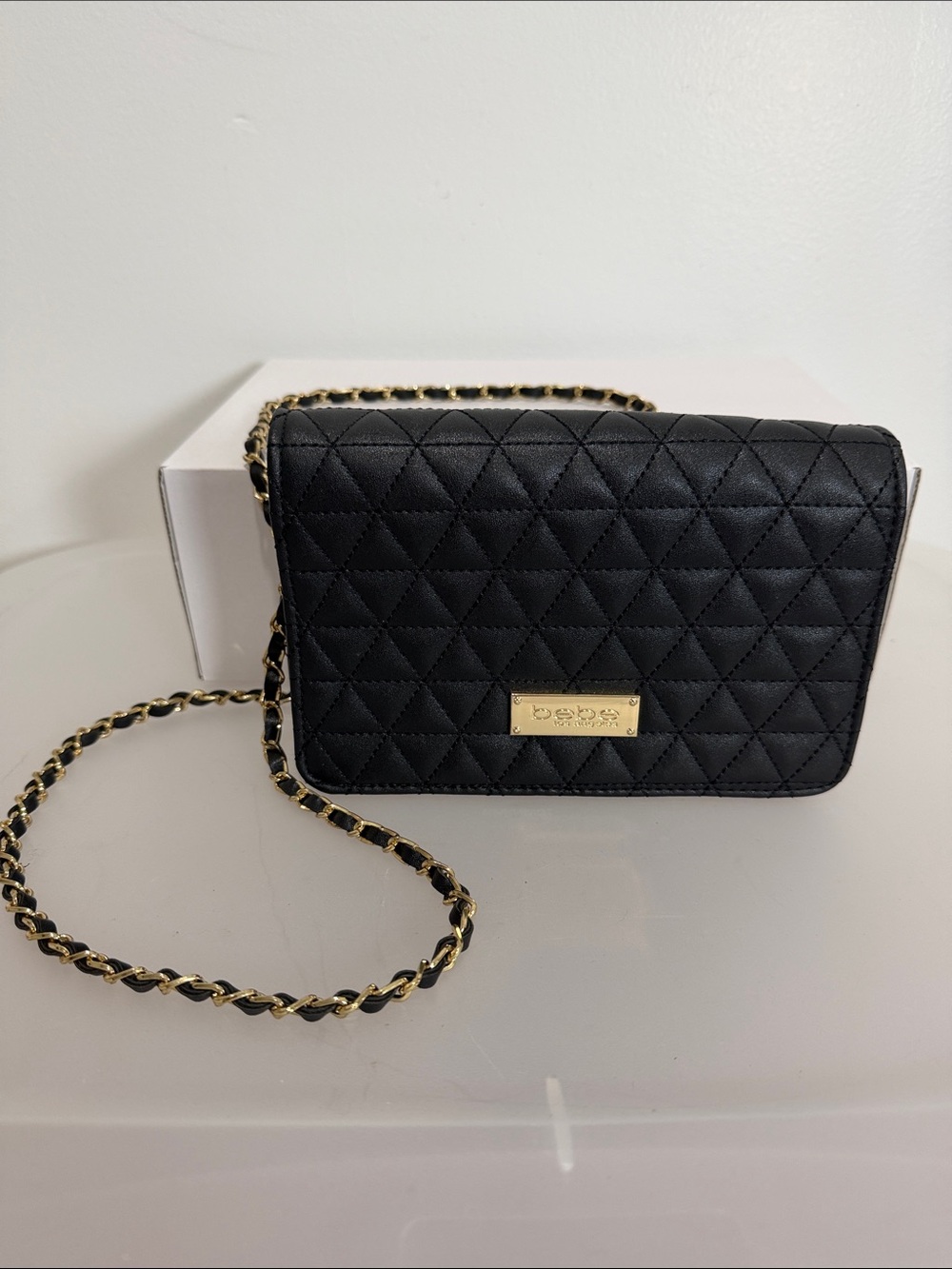 bebe Black Quilted Crossbody with Gold Chain Detail